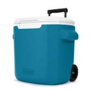 Caixa térmica azul com rodinhas e alça retrátil, ideal para camping e pesca, disponível na loja Canoeiros em Palmas Tocantins.