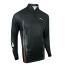 Camisa de pesca manga longa preta com detalhes vermelhos, proteção solar UV, disponível na loja Canoeiros em Palmas Tocantins.