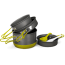 Kit de utensílios de camping com panelas, frigideira e talheres dobráveis, item portátil disponível na loja Canoeiros Palmas Tocantins.