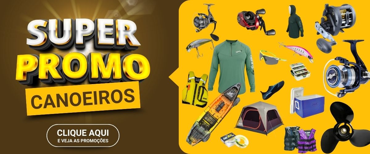 Banner promocional da loja Canoeiros com destaque “Super Promo” e imagens de produtos para camping: fogareiro portátil NTK, cartuchos de gás Campgas, calçado aquático antiderrapante e fogareiro a gás de duas bocas.